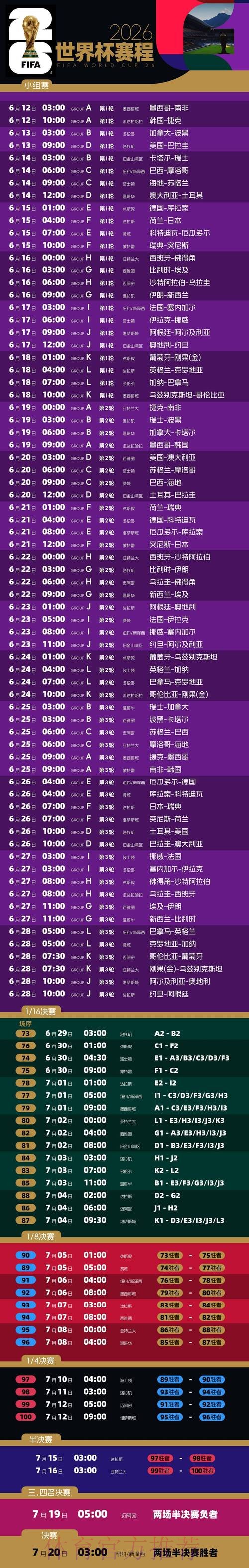 2026世界杯比赛时间高清版最新时间表实时查看